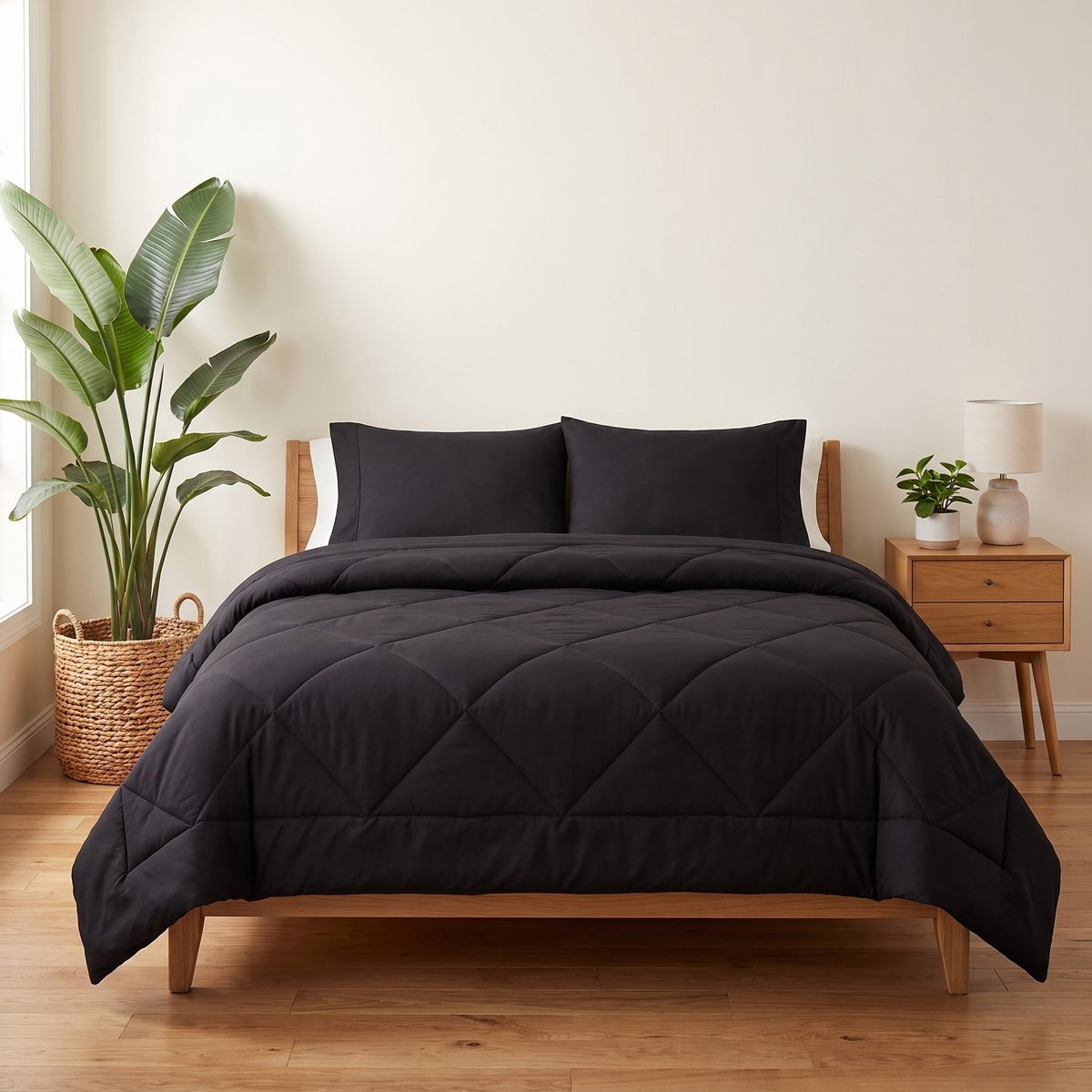 Nórdico 2 en 1 OZOVIO negro medianoche sobre una cama doble, funda cosida, sin sábanas