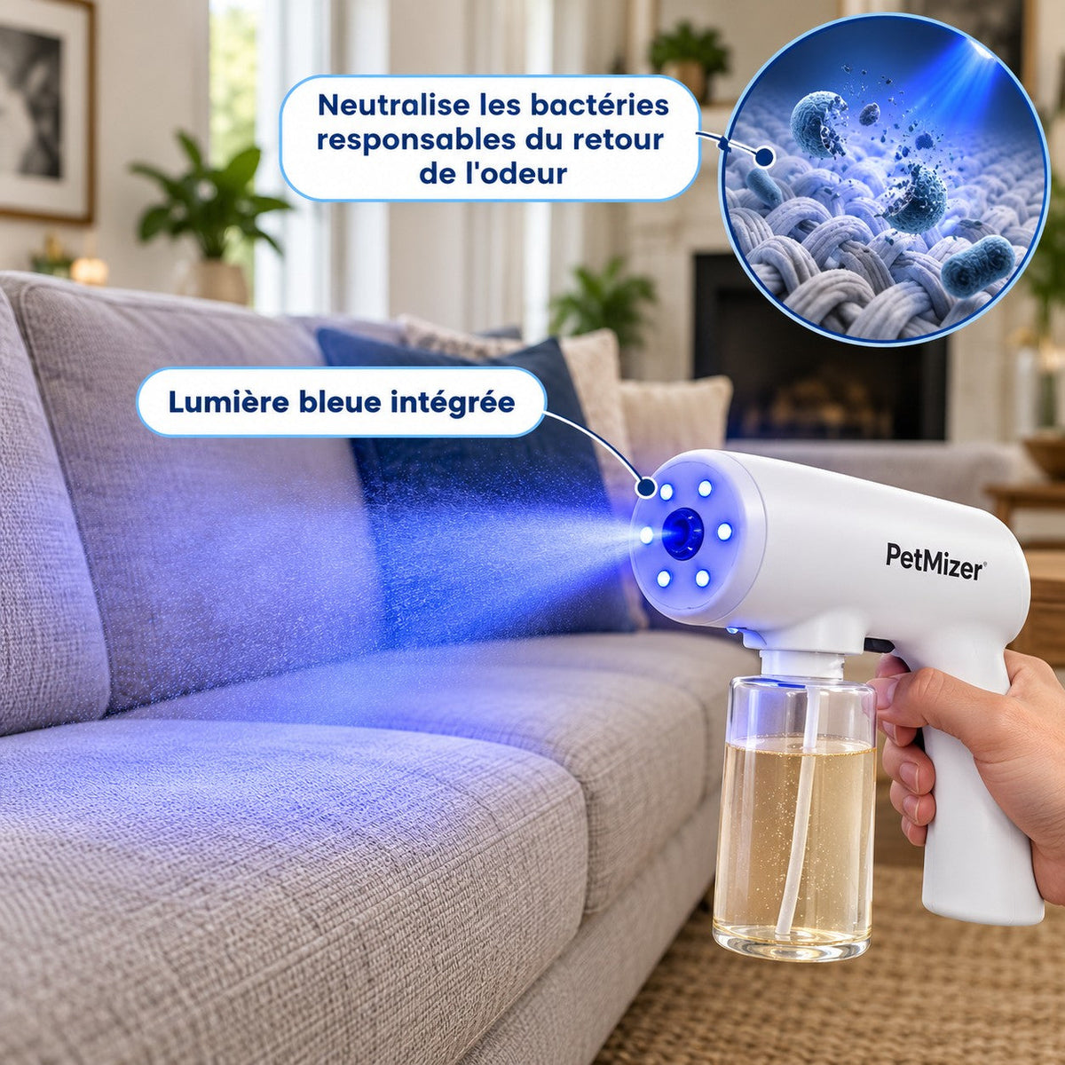 Lumière bleue intégrée qui neutralise les bactéries