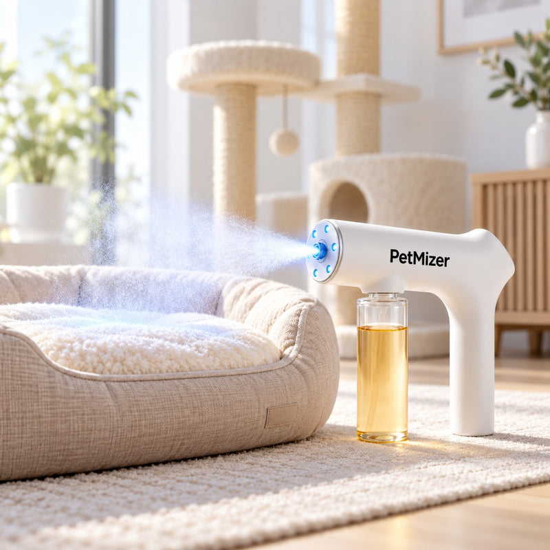PetMizer sur un panier et un arbre à chat